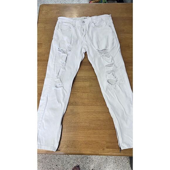 KDNK Men's Ripped Ankle Zip Tapered Leg Skinny White Jeans Light Wash Size 36 - Picture 2 of 14